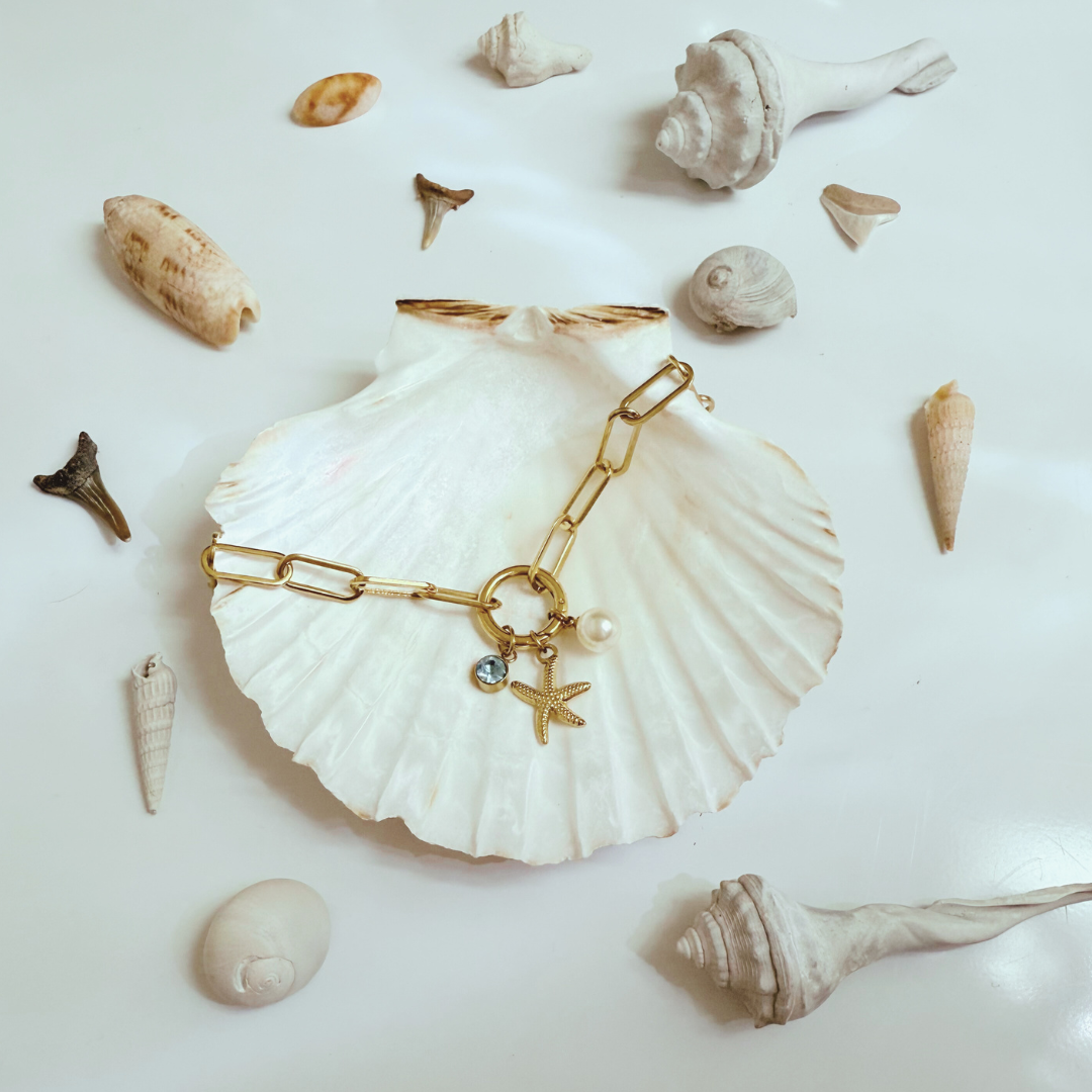 Gold Necklace with Carabiner and Two Charms